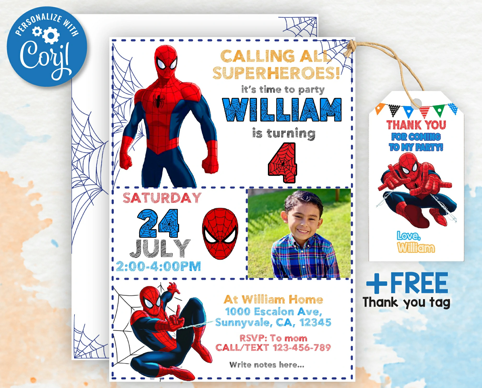 spiderman birthday party invitation with a photo| free thank you tag |  editable | printable | instant download - amazinginvite